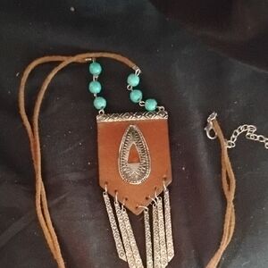 Brown and Blue Leather Turquoise Necklace with Fringe